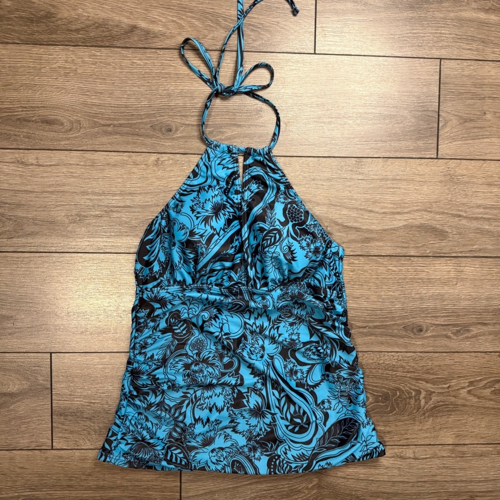 Yonique Turquoise Black Floral Paisley Halter Tankini Swim Top Ruched Medium NWT